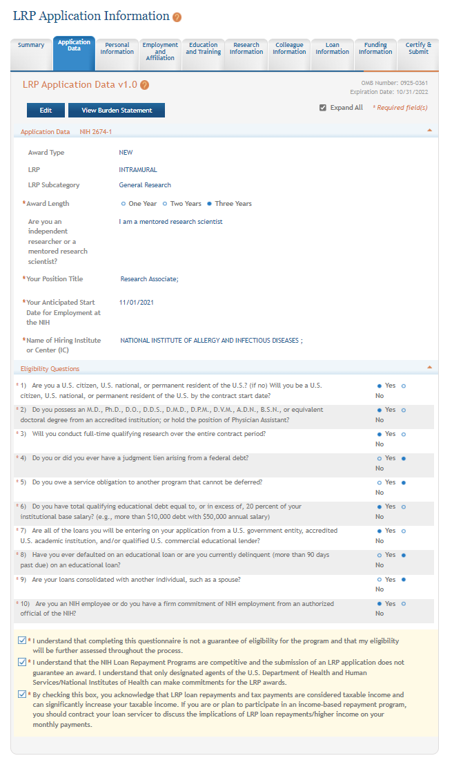 Application Data tab for LRP application