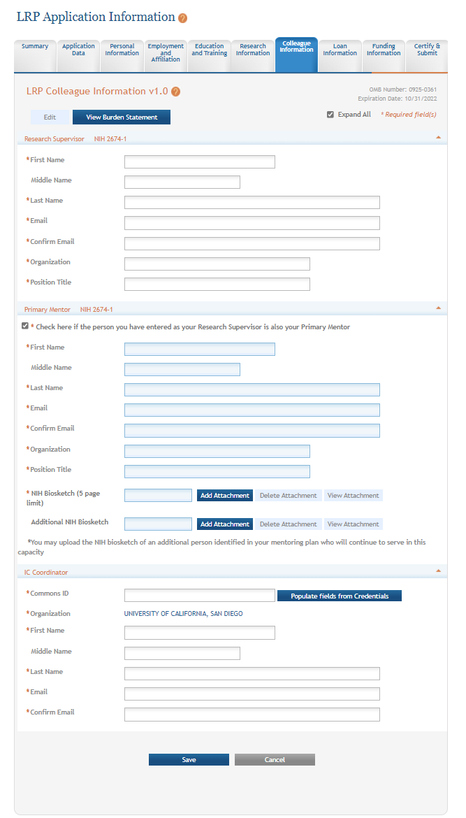 Colleague Information screen of LRP application