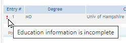Red Exclamation Point Next to Education Entry, Indicating it is Incomplete