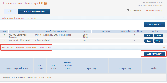 Education and Training Screen in ASSIST with Add New Entry button circled for Postdoctoral Fellowship Information