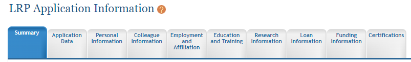 A newly initiated LRP application has 10 forms, which you navigate to by clicking the tabs shown here.
