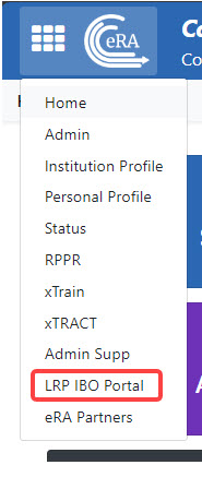 After logging into eRA Commons, select IBO Portal from the Apps menu