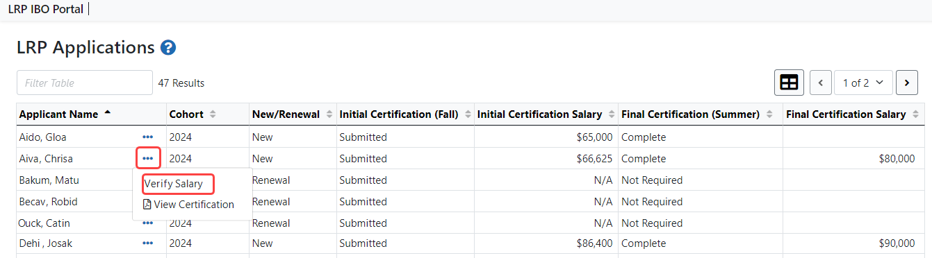 LRP IBO Portal - Verify Salary Link under Three-Dot Ellipsis Icon