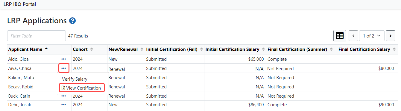 LRP IBO Portal - View Certification Link under Three-Dot Ellipsis Icon