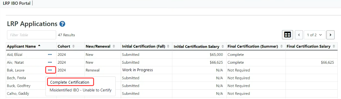 LRP IBO Portal - Complete Certification Link under Three-Dot Ellipsis Icon