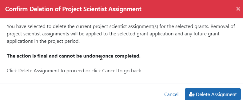 Confirm Deletion of Project Scientist Assignment