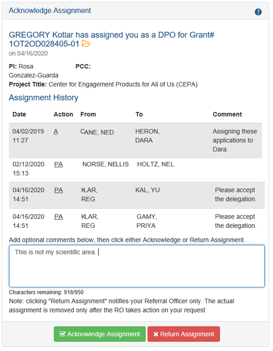 Acknowledge Assignmewnt screen accept or reject the delegation.