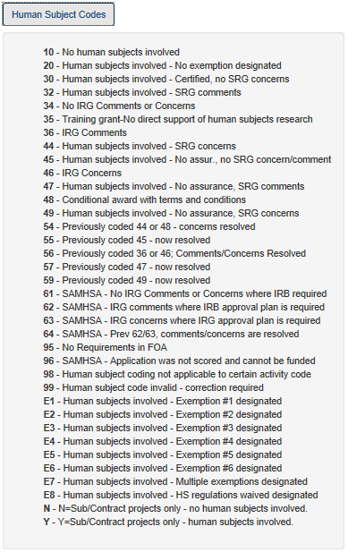 Human Subject Codes