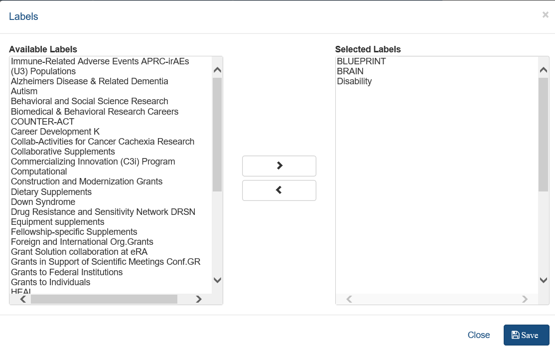 Edit Labels screen