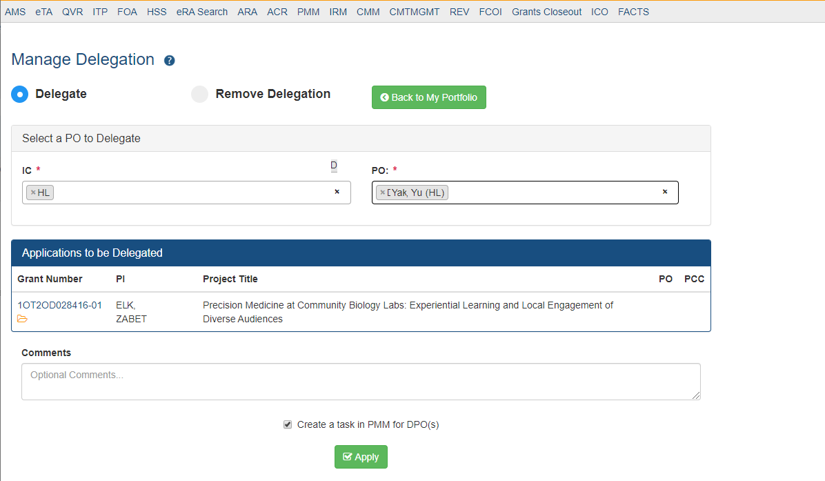 Manage Delegation screen