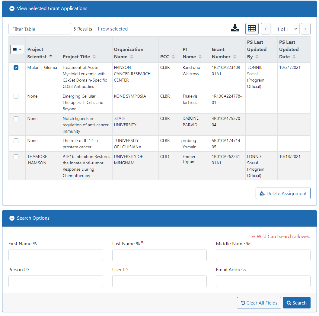 Manage Project Scientist screen