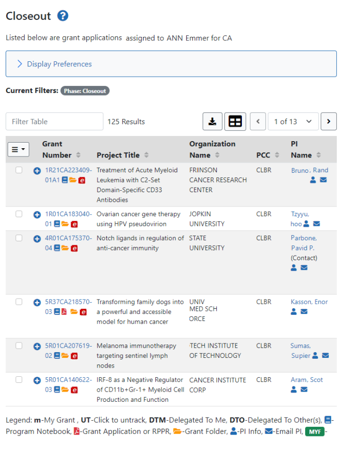 Closeout screen for NIH Users