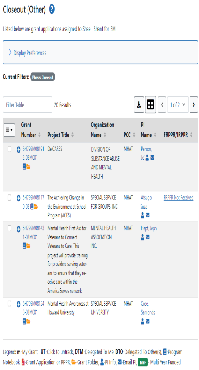 Closeout screen for SAMHSA users