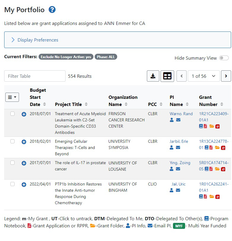 My Portfolio screen for NIH users