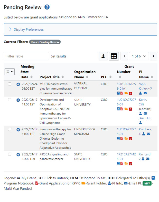 Pending Review screen for NIH