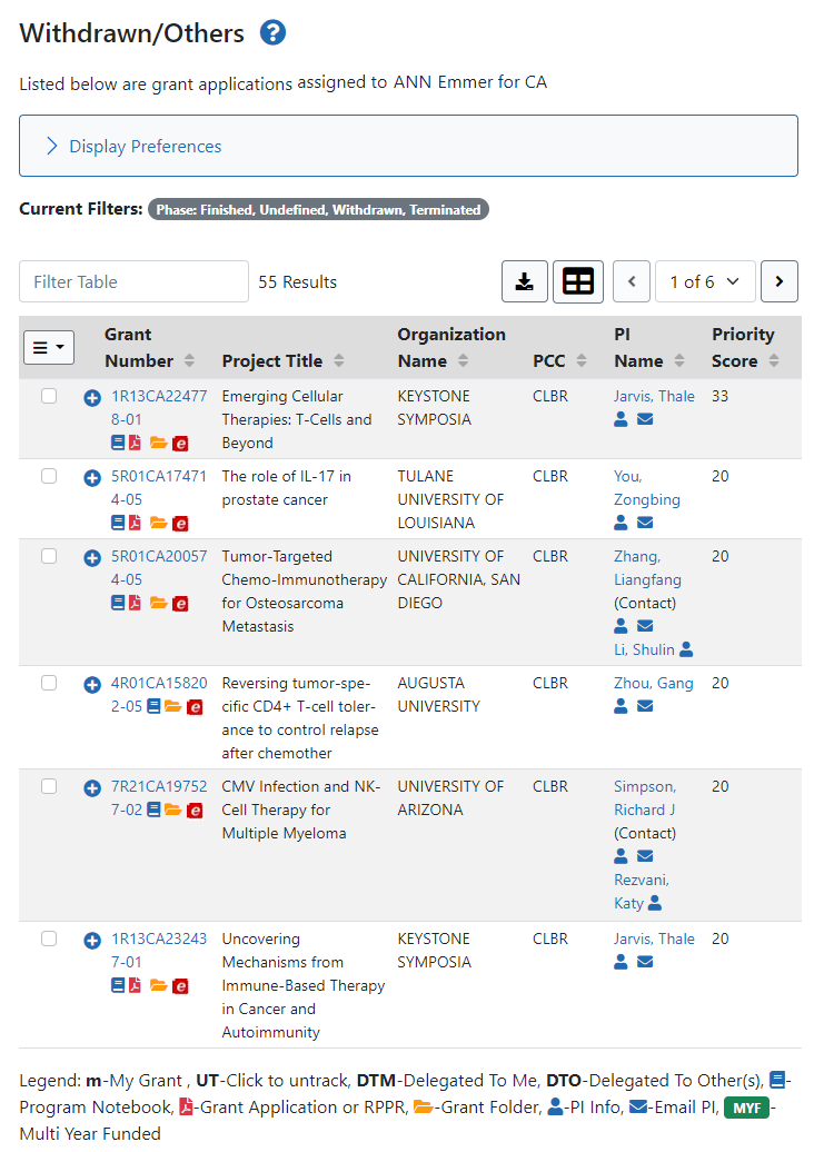 Withdrawn/Others screen for NIH