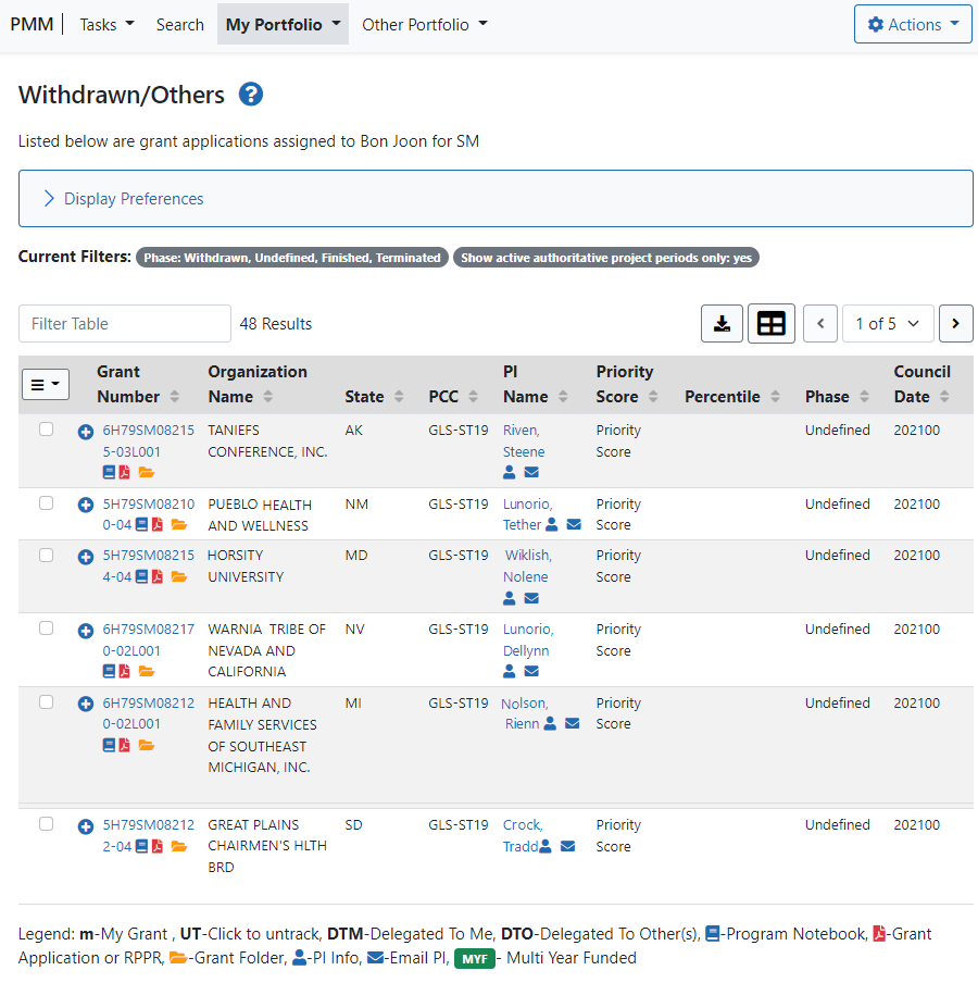 Withdrawn/Others screen for SAMHSA