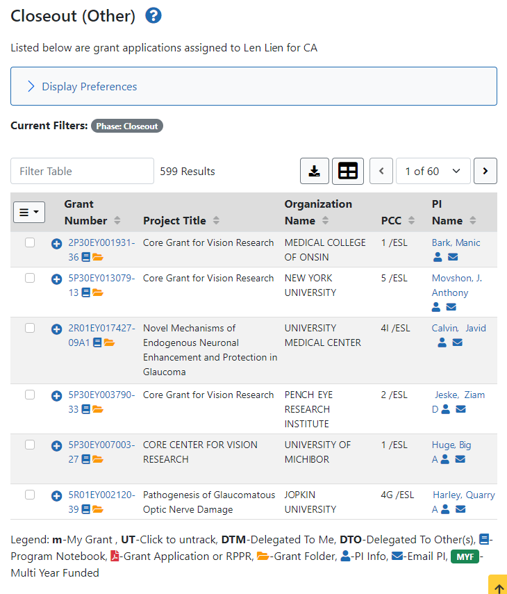 Closeout (Other) screen for NIH