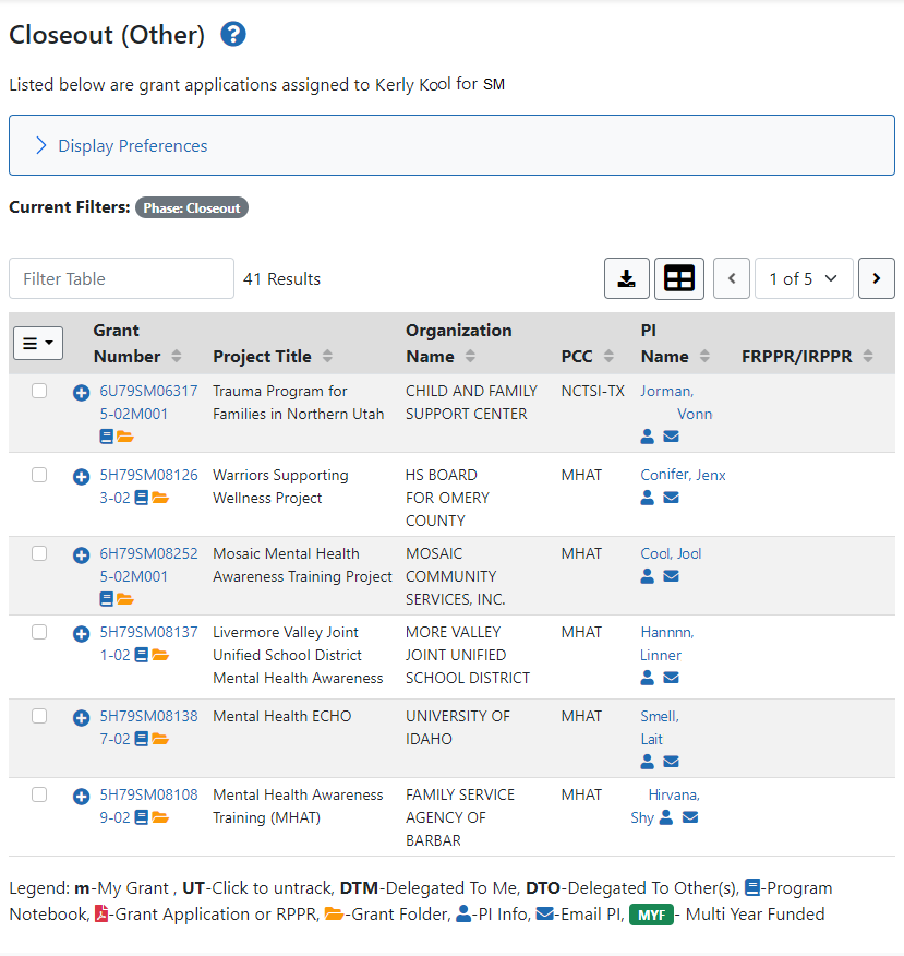 Closeout (Other) screen for SAMHSA