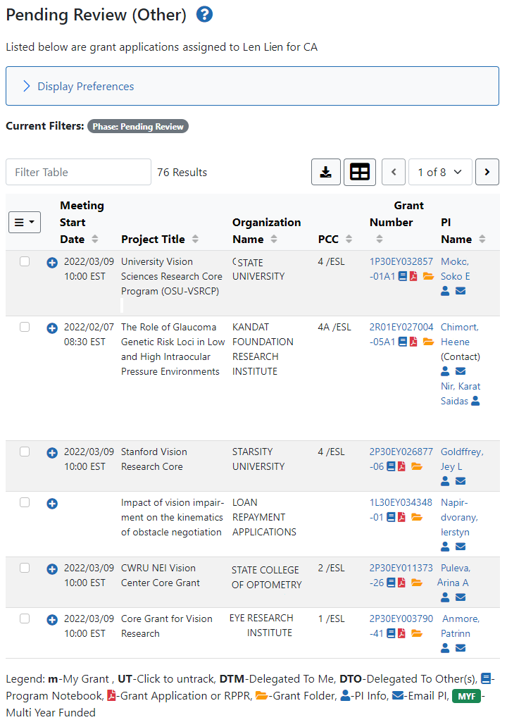 Pending Review (Other) screen for NIH