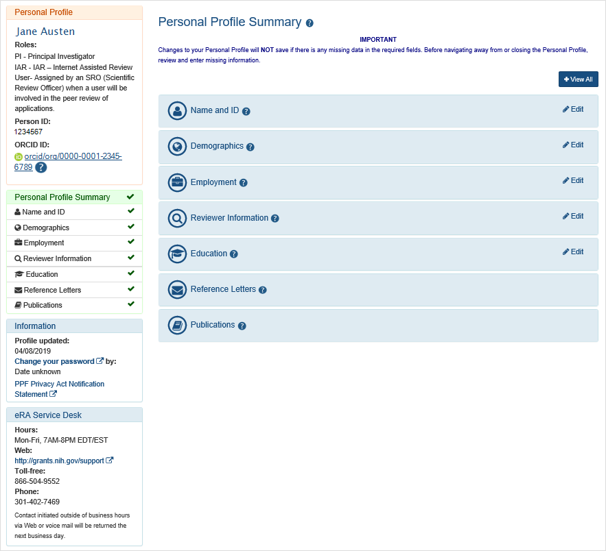 Sample PPF Summary Page with ORCID number
