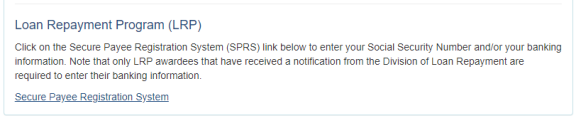 Loan Repayment Program section of Name & ID showing Secure Payee Registration System link