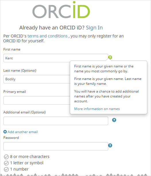 ORCID log in and registration page