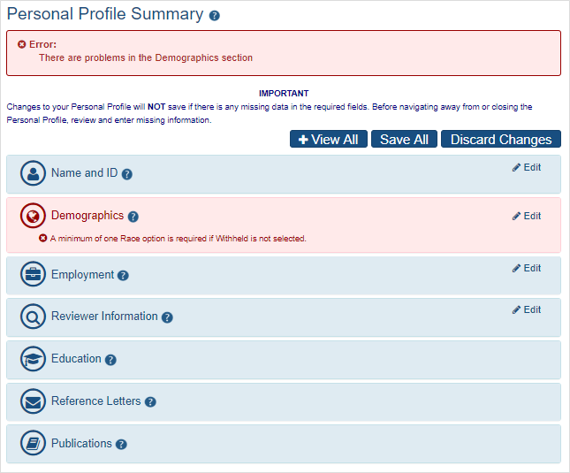 Main section of profile summary page with incomplete information