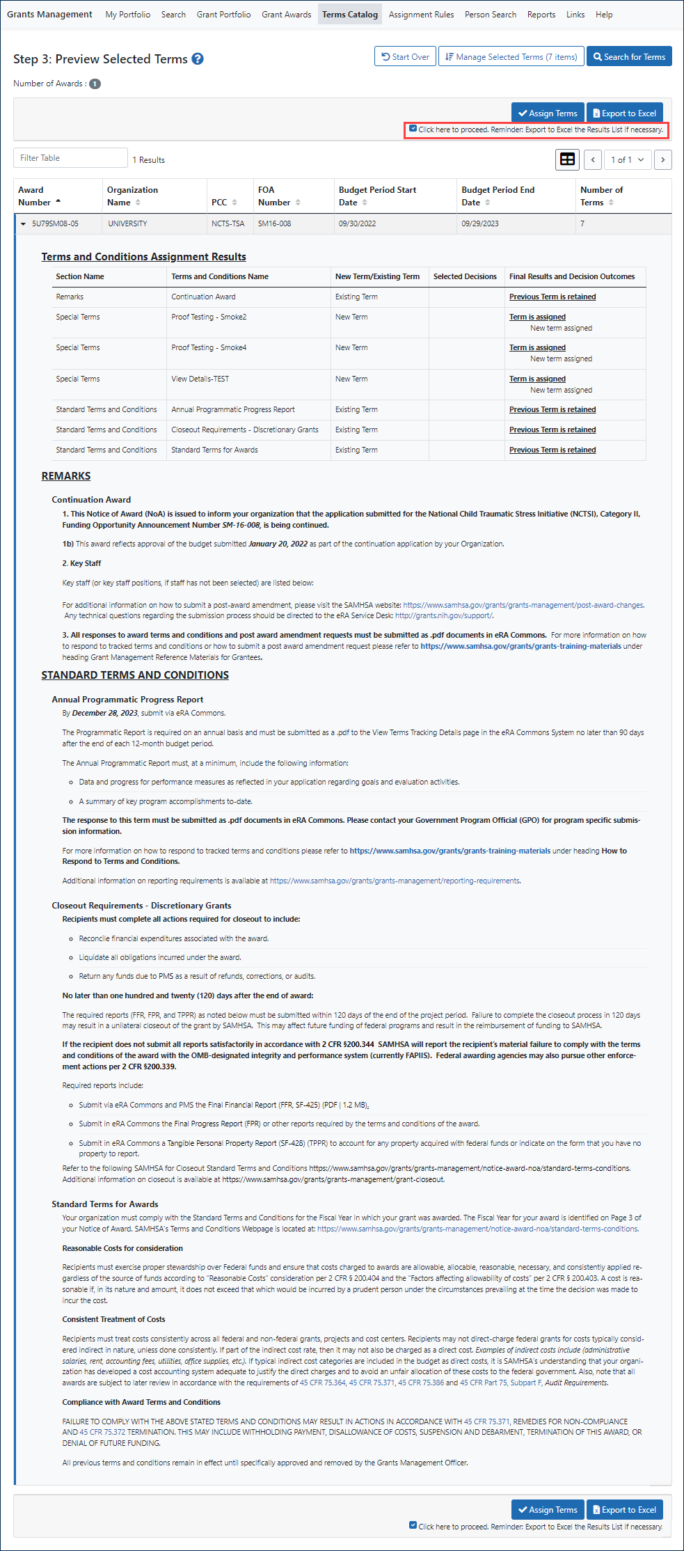 Terms and Conditions Assignment Results