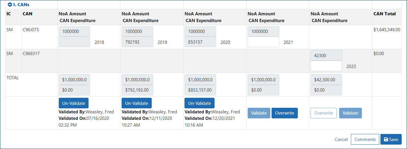 FFR Validation Screen Section I: CANs