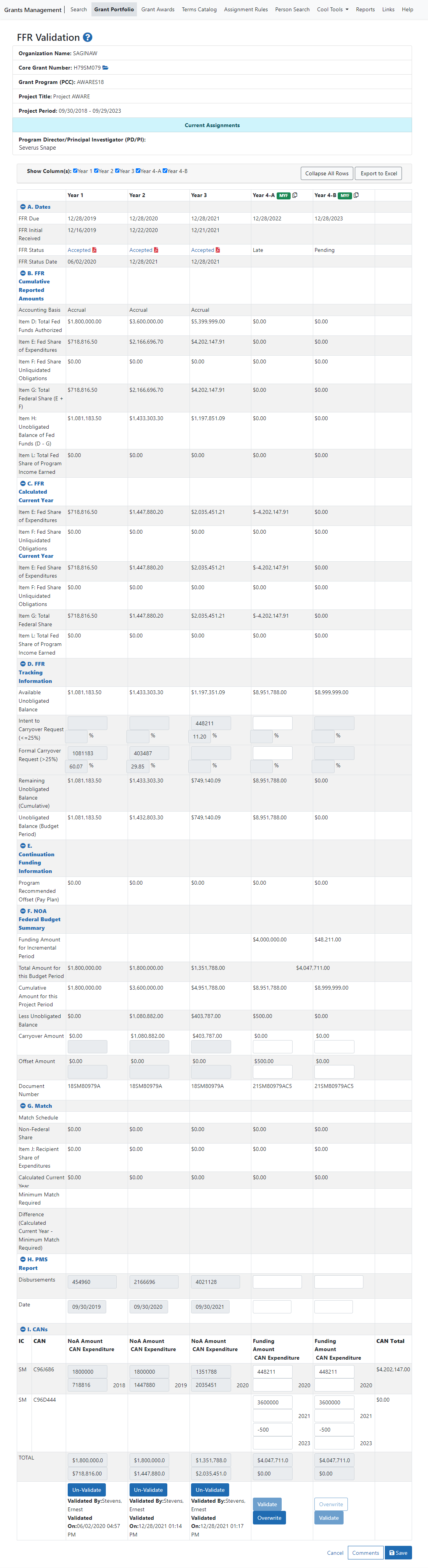 FFR Validation  screen for Multi-year Funded Awards