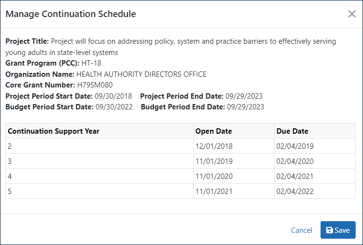 Manage Continuation Schedule screen