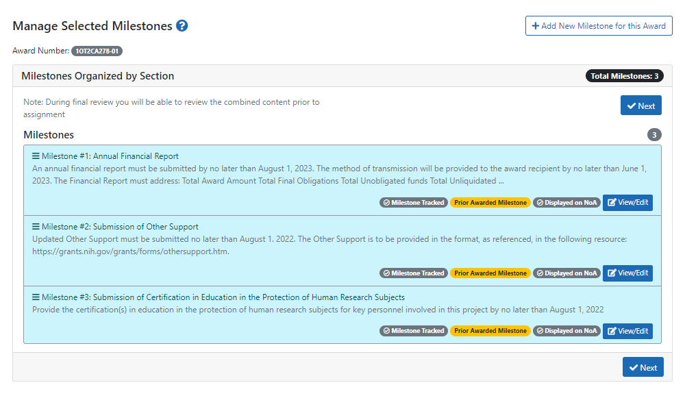 OTA Manage Selected Milestones