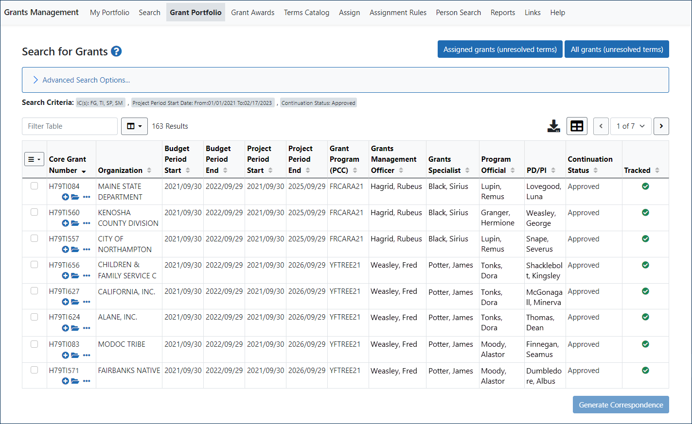 Grant Portfolio Search Results