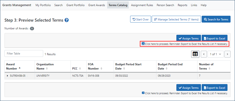 SAMHSA  Review Selected Terms screen