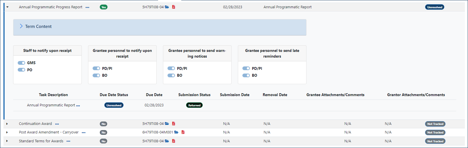 View Terms Tracking Details screen expanded view