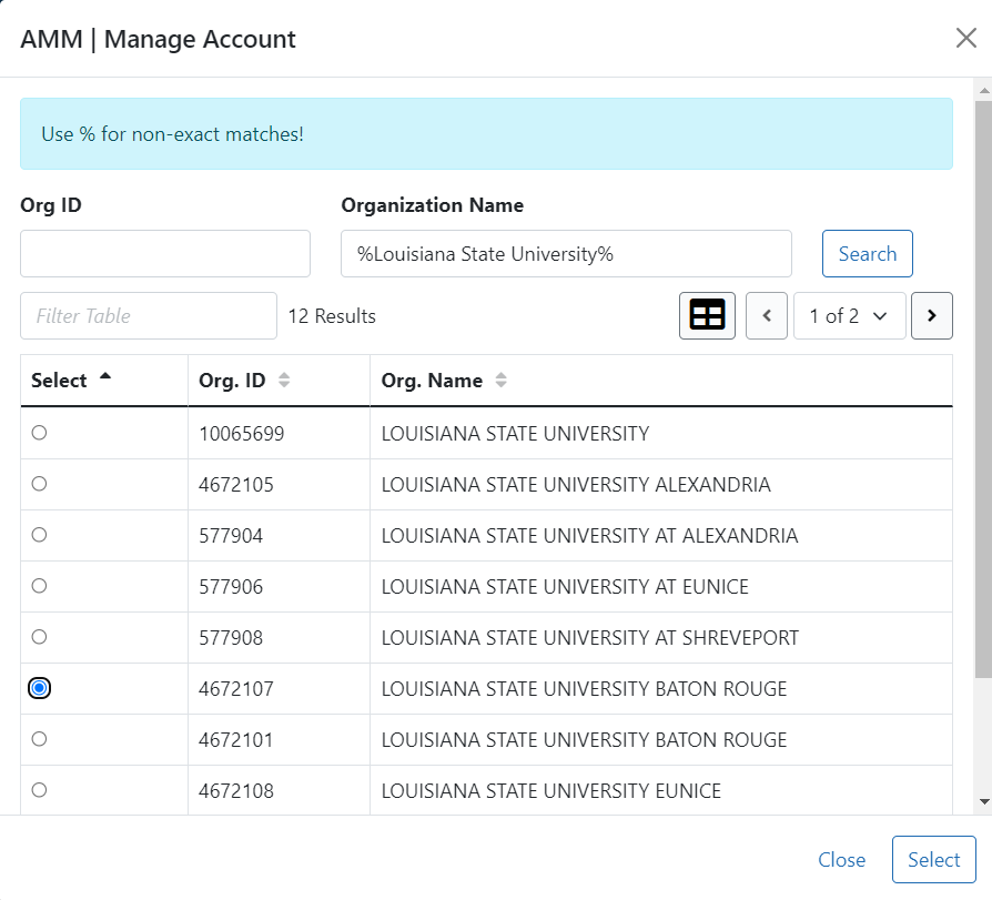 Search Organization and Add Roles Screen