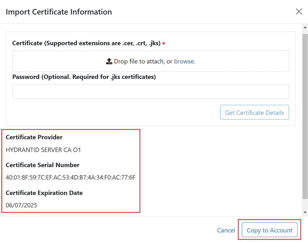 Import Certificate Information popup showing Certificate Details and Copy to Account button