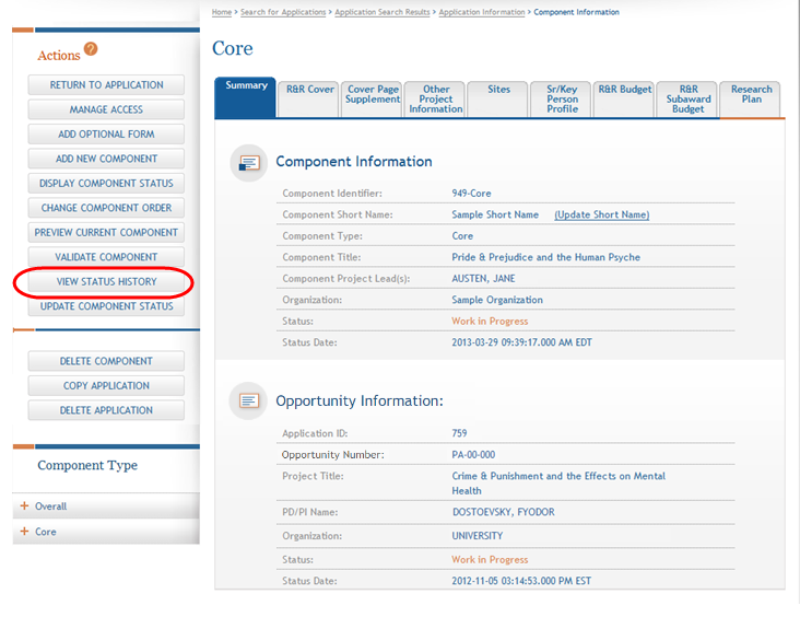 Action for View Status History