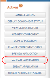 The Actions panel is shown, featuring the Validate Application button