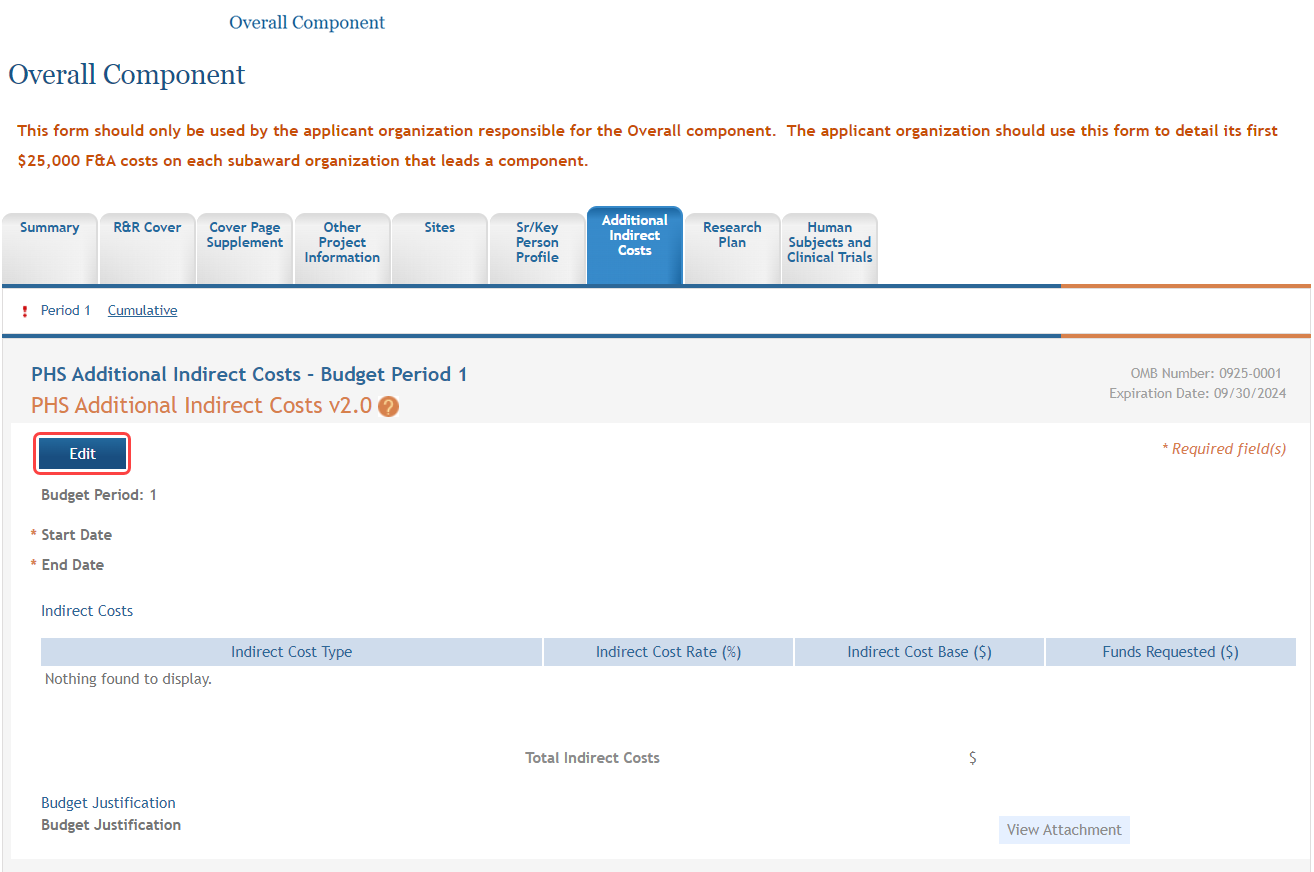 The PHS Additional Indirect Costs form - Edit button