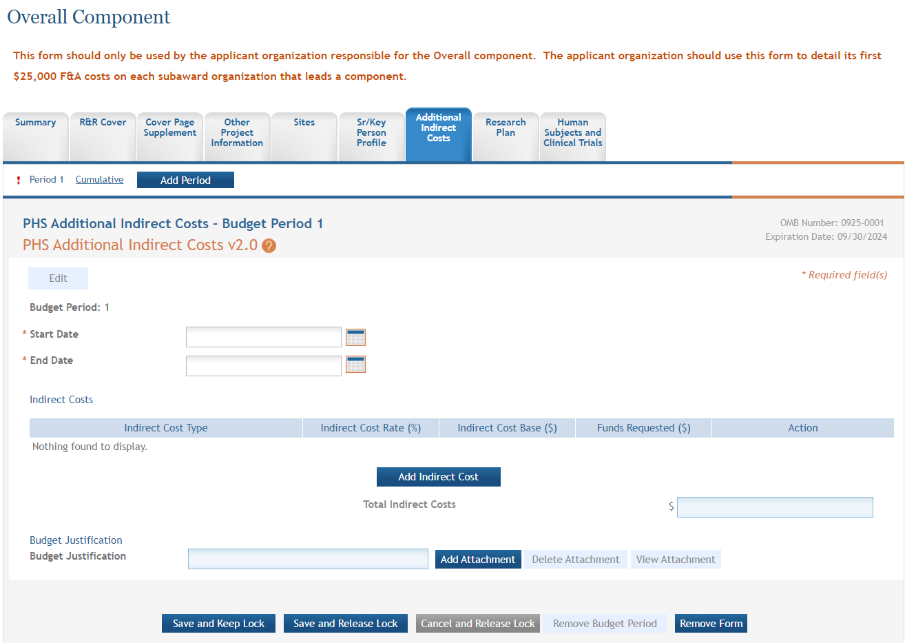 The Additional Indirect Costs form is expanded for editing