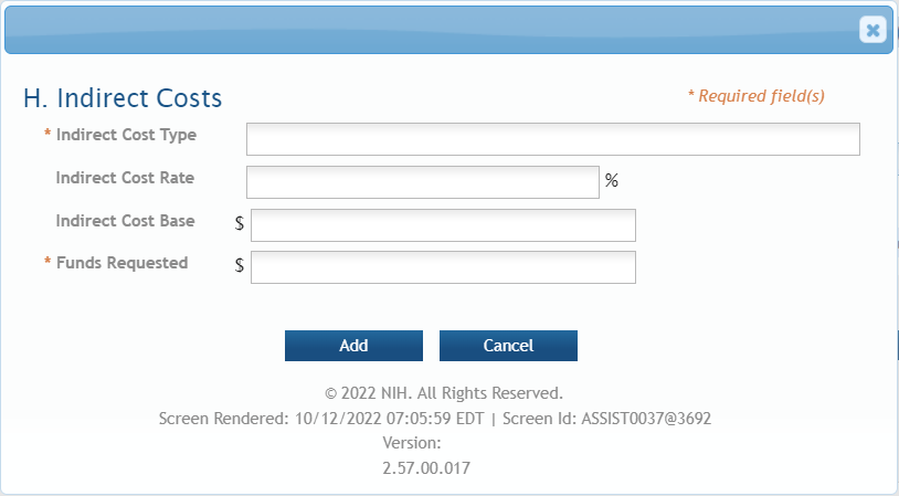 Indirect Costs popup