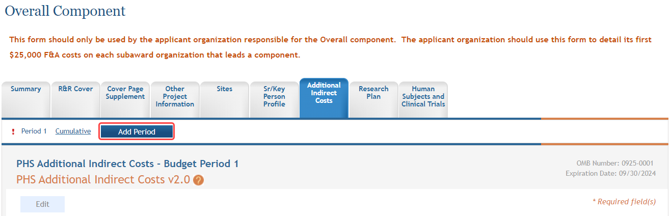 Additional Indirect Costs form, highlighting the Add Period button at the top of the page