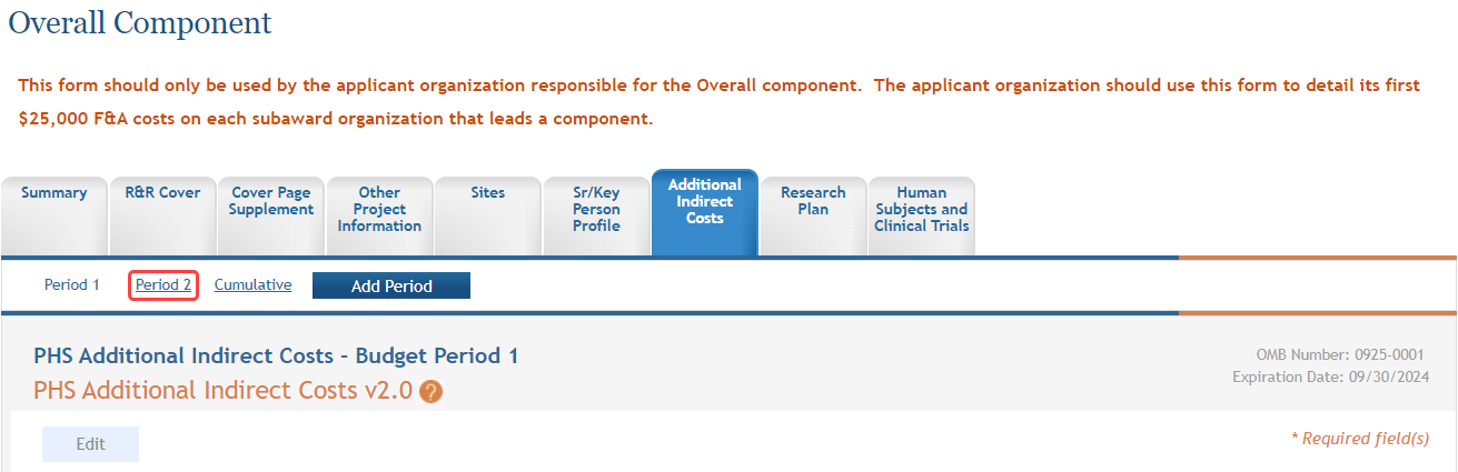 A portion of the Additional Indirect Costs form is shown displaying the links to all entered budget periods across the top