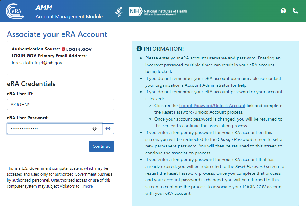 Associate your eRA Account screen