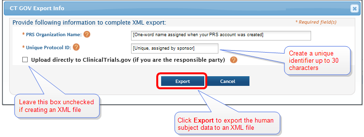 screenshot of the Export pop-up window