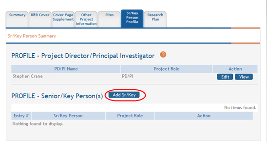 Sr/Key Person Summary - Add Sr/Key button