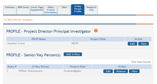 Sr/Key Person Summary shows the PD/PI plus one added Senior/Key Person