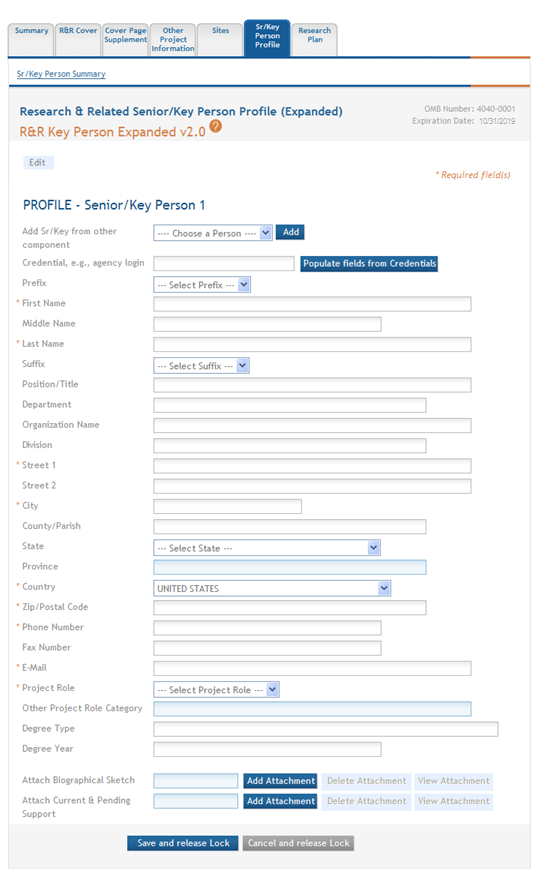 The expanded fields display for entering a new senior/key person.